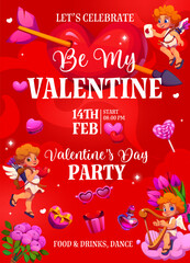 Fototapeta premium Valentine day party flyer for love holiday invitation with hearts and cherub angels, vector poster. Valentine day entertainment party flyer for entry with broken heart with arrow, flowers and candies