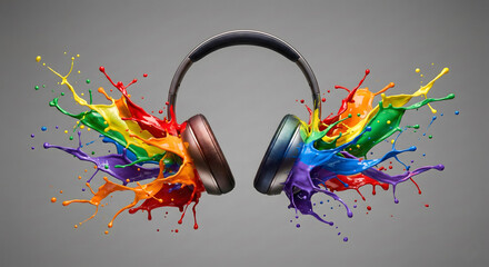 Music in Color: Headphones Exploding with Vibrant Rainbow Paint, Artistic and Dynamic