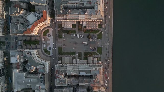 Aerial drone view of Aristotelous Square, Thessaloniki at sunset
