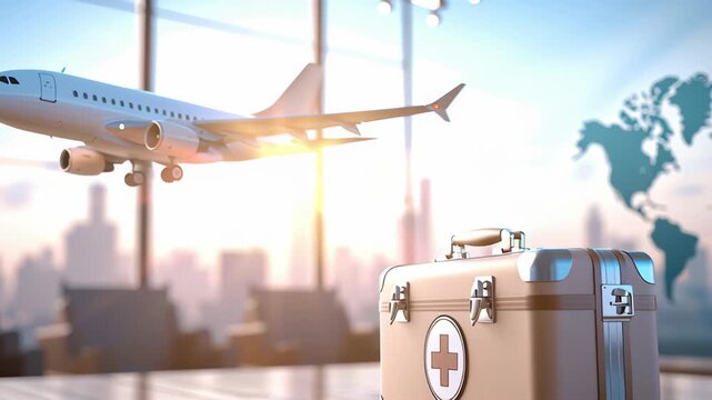 Medical travel kit airplane airport world map travel health emergency first aid suitcase essential care ready for journey safety focus calm travel