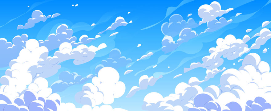Cartoon summer anime manga sky clouds, vector background with sunny day light. Anime manga sky blue landscape with clouds for flight freedom and cloudy scenery with wind effect in summer cloudscape