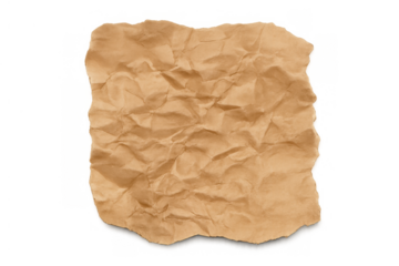 Crumpled brown paper piece with torn edges on transparent background, showing texture and space for text
