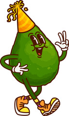 Groovy Mexican avocado cartoon character in birthday cap with funny face, vector personage. Groovy avocado in party hat with crazy silly smile on happy face and cool gesture for funky fruit character