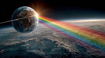 Earth in Space with Rainbow and Sunlight, a Colorful Illustration of the Planet