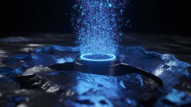 A futuristic nanocure device emitting a powerful beam of blue energy particles in a dark sci-fi setting