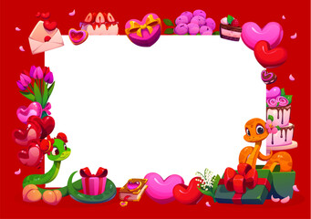 Valentine Day holiday banner with funny snakes, love hearts and flowers, vector background. Valentine day frame with snake, wedding cake and gift box or heart balloons for Valentine greeting card