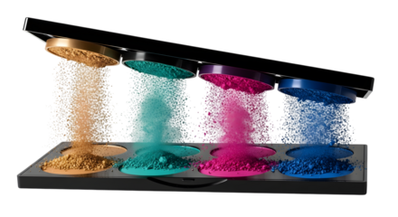 Colorful eyeshadow palette with powder falling into each section