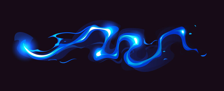 Magic light wave of power for wizard game vfx effect or cartoon glow, vector swirl trail. Magic wand spell power of blue line shine or sparkle of power wind flow or energy curved motion for game