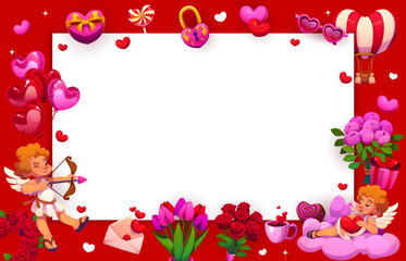 Fototapeta premium Valentines day holiday greetings frame with playful, cute cartoon cherubs holding a heart and a bow with an arrow. Gifts, balloons, roses and desserts on bold red background for romantic celebration