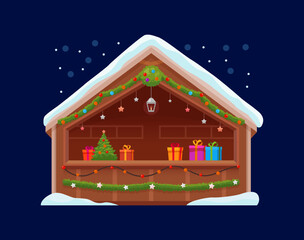 Christmas winter market stall, street bazaar kiosk, festive wooden booth decorated with garland, gifts and bright lights. Cozy cartoon vector night fair, featuring seasonal celebration atmosphere