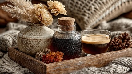 Cozy still life with coffee, flowers, and a bottle on a wooden tray for relaxation