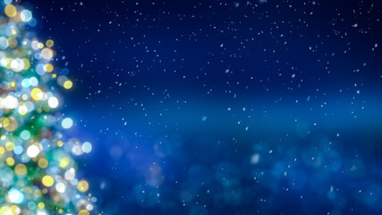 Blurred Christmas tree with glowing colorful bokeh light bulbs and ornaments background, blue holiday greeting card , festive New Year winter snow fall backdrop illustration