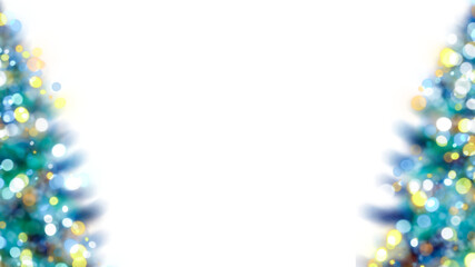 Blurred Christmas tree with glowing colorful bokeh light bulbs and ornaments on transparent background, blue holiday greeting card , festive New Year winter frame backdrop illustration