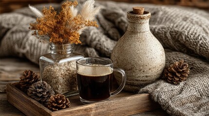 Cozy autumn still life with coffee, vase, pine cones and a warm sweater on wooden tray