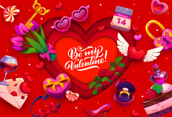 Naklejka premium Valentine day paper cut holiday greeting card with heart and flowers, vector love card. Be My Valentine quote for love holiday of paper cut heart, wedding ring and love message envelope with lollipop