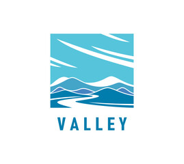 Mountain river and valley icon of hills and road path for company emblem, vector badge. Blue river in valley with mountains field landscape and clouds in sky for travel or farming brand sign
