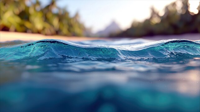 A beautiful ocean wave breaking above and below the water's surface, with a tropical beach and palm trees in the background, under a bright, sunny sky.