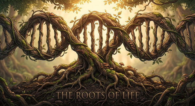 The Roots of Life: A Tree Root System Representing DNA Strands