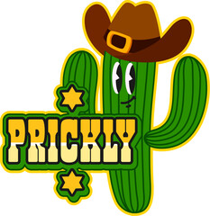 Cowboy cactus character western and Wild West Y2K groovy sticker. Western country culture groovy vector sticker, Texas history tag. American cowboy Y2K label with cactus sheriff funny character