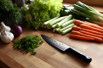 Butcher block kitchen island table with fresh vegetables and tools, perfect for culinary creations