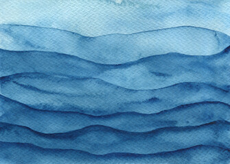 Watercolour layered blue wavy paper cut water border background. Hand painting aquamarine watercolor overlay ocean waves frame for marine banner, invitation, nature poster design