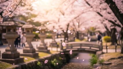 Serene Japanese Garden in Spring with Cherry Blossoms and Stone Lanterns.