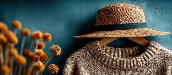 Cozy autumn still life featuring a hat, sweater, and decorative flowers on blue background