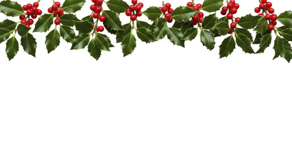 Fototapeta premium Holly leaves and red berries border on a transparent background PNG image