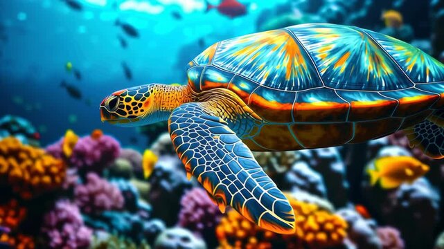 Vibrant sea turtle swimming colorful coral reef tropical ocean marine life underwater wildlife nature aquatic graceful movement sunlight rays