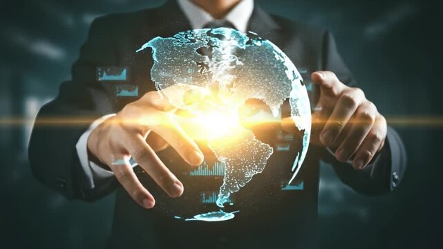 A businessman holding a glowing global network visualization - Powered by Adobe