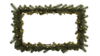 Christmas rectangular frame with glowing string lights on a transparent background PNG file