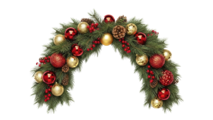 Christmas Pine Garland with Red and Gold Ornaments on Transparent Background PNG Image