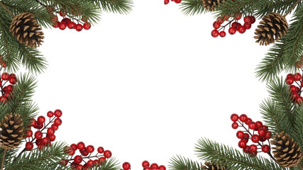 Christmas frame with pine branches, cones, red berries transparent PNG image.