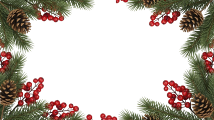 Christmas frame with pine branches, cones, red berries transparent PNG image.