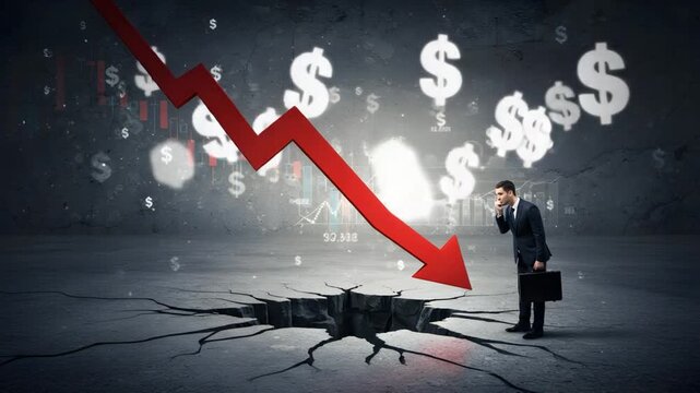 A man looking at a large red arrow pointing downwards, and with dollar signs. It's a symbolic representation of economic struggles, such as recession or economic depression