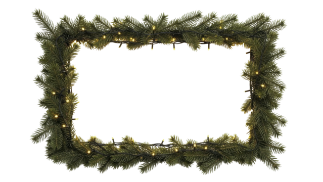 Christmas rectangular frame with glowing string lights on a transparent background PNG file