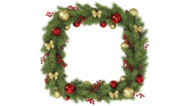 Christmas square wreath frame with festive decorations on a transparent background PNG image