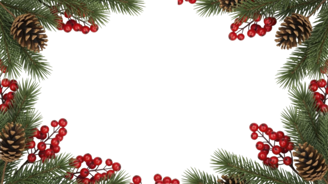 Christmas frame with pine branches, cones, red berries transparent PNG image.