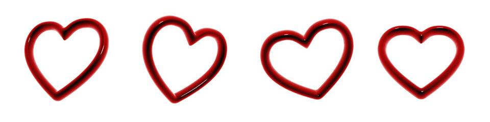様々な角度から見たハートのフレームのぷっくりした光沢のある3Dアイコンセット。血のような赤のデコレーション素材