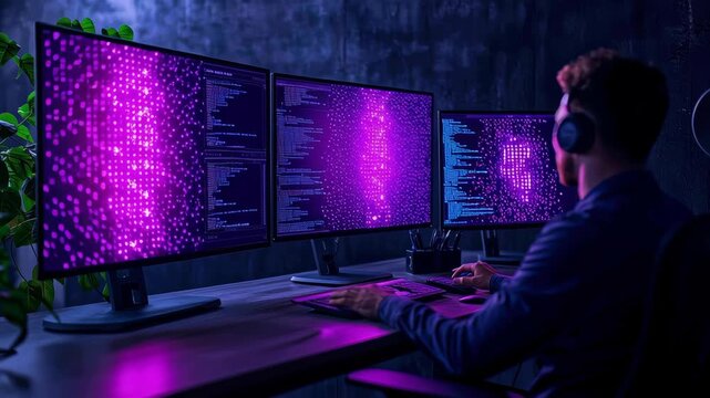 Focused programmer coding computer monitor neon purple dark office, triple monitors and headphones cybersecurity programmer analyzes code data