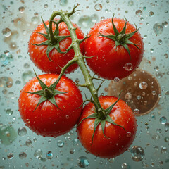 Fresh vine tomatoes with water droplets perfect for cooking and food photography