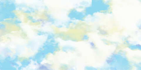 Abstract blue watercolor background featuring bright summer sky and fluffy white clouds