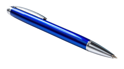 Blue metal ballpoint pen with a shiny chrome clip and tip, representing writing, ideas, and office work
