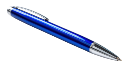 Blue metal ballpoint pen with a shiny chrome clip and tip, representing writing, ideas, and office work