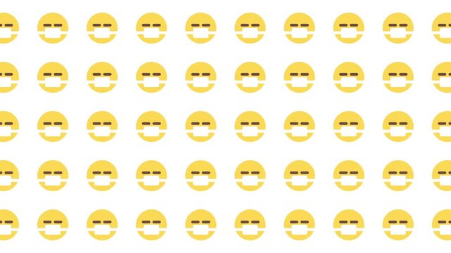 Repeating pattern of yellow smiley face emojis wearing white masks suitable for social media, posters, cards, and presentations aiming for positivity.