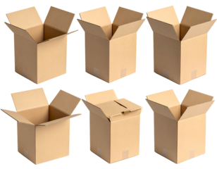 Six empty open brown cardboard boxes on a black background