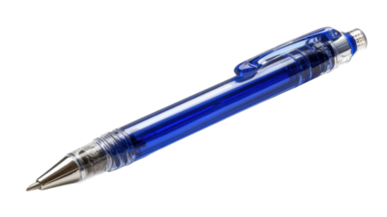 Blue ballpoint pen lying on transparent background, symbolizing communication, education, office, and business concepts