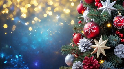 Festive Christmas Tree Decorations with Red and Silver Ornaments and Snowflakes on a Sparkling Blue and Gold Bokeh Background Ideal for Holiday Greeting Cards and Invitations