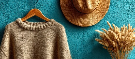 Cozy knit sweater with hat and dry plants on a blue wall in natural light setting