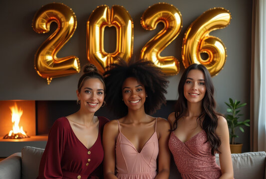 Diverse friends celebrate New Year 2026 sitting on a sofa, smiling brightly. Gold foil balloons spelling '2026' hang above them in a festive scene.